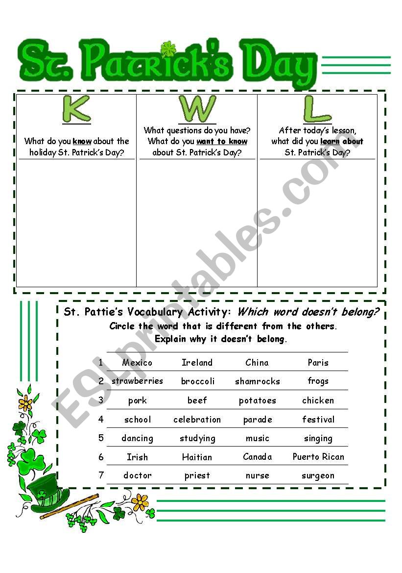 St. Patricks Day:  KWL Learning strategy & Vocabulary exercise [2 pages, key inlcuded)